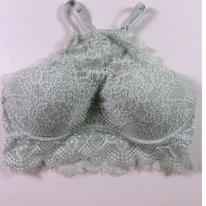 Victorias Secret Pink Mint Green Floral Lace High Neck Padded Bralette Small